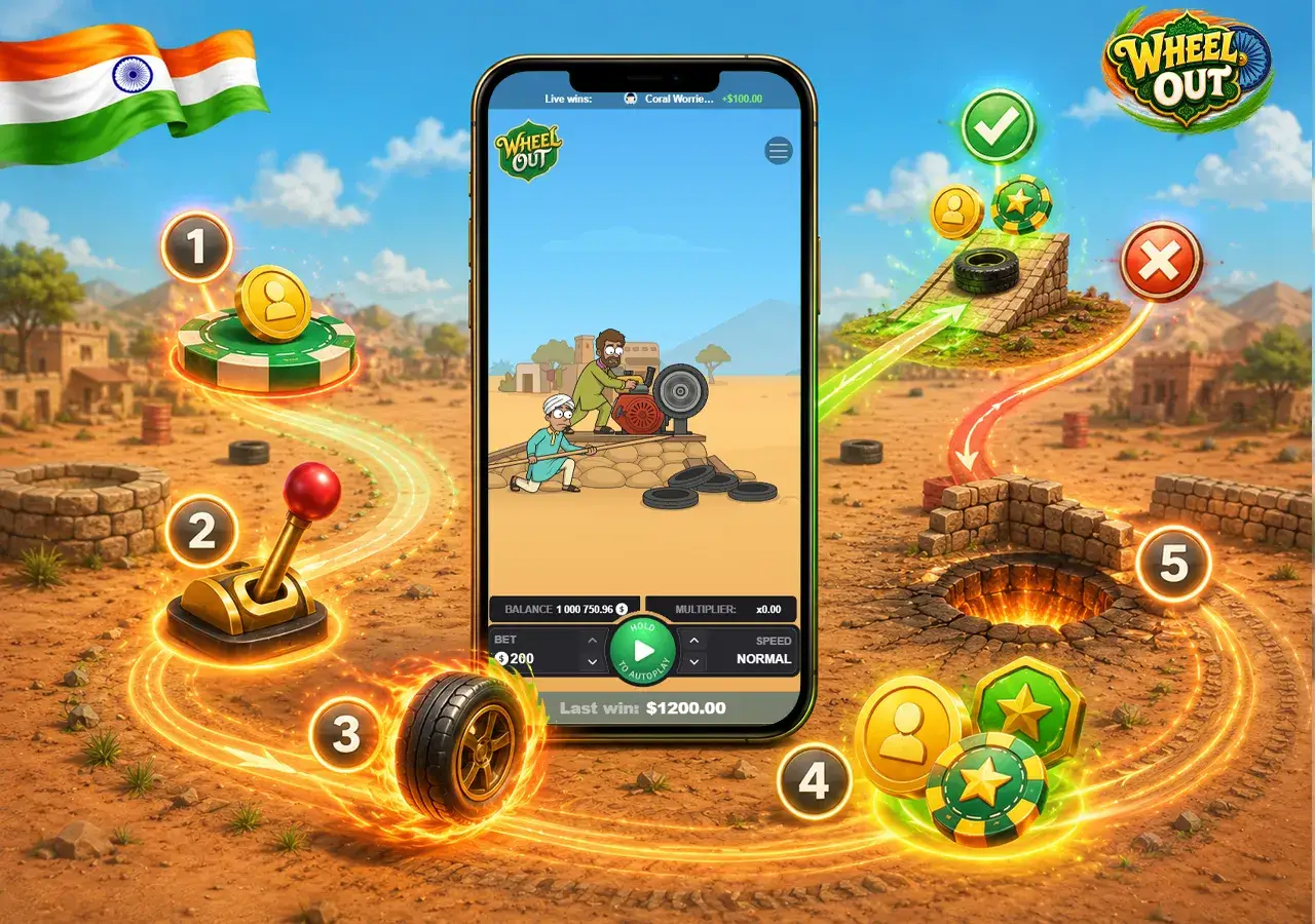 Demo round sequence illustrated on a phone with the wheel launch, rolling action and final landing moment